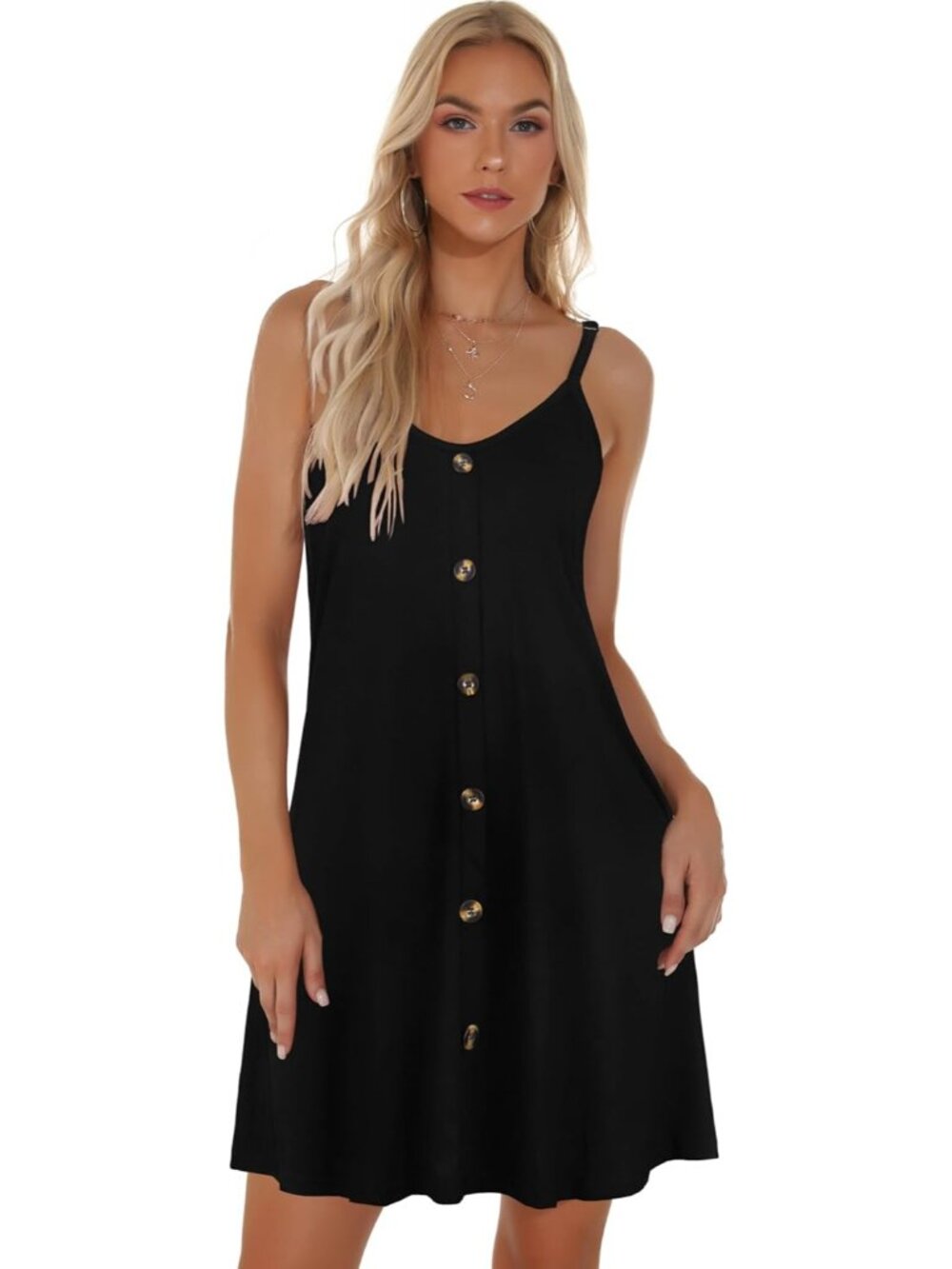 Women's Black Summer Dresses Spaghetti Strap Button Down V Neck Sundress Beach - Picture 3 of 7